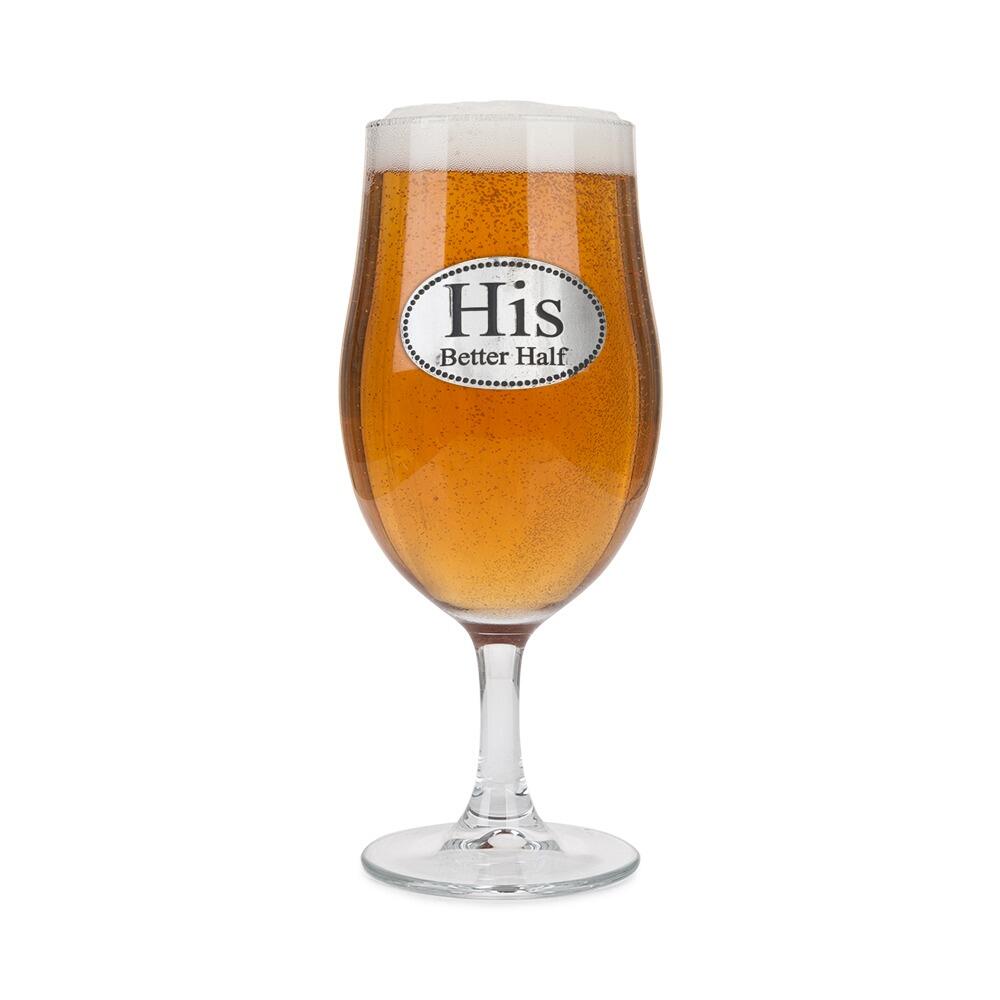 A Stemmed Pint Beer Glass with a Pewter His Better Half badge on the front, filled with Beer