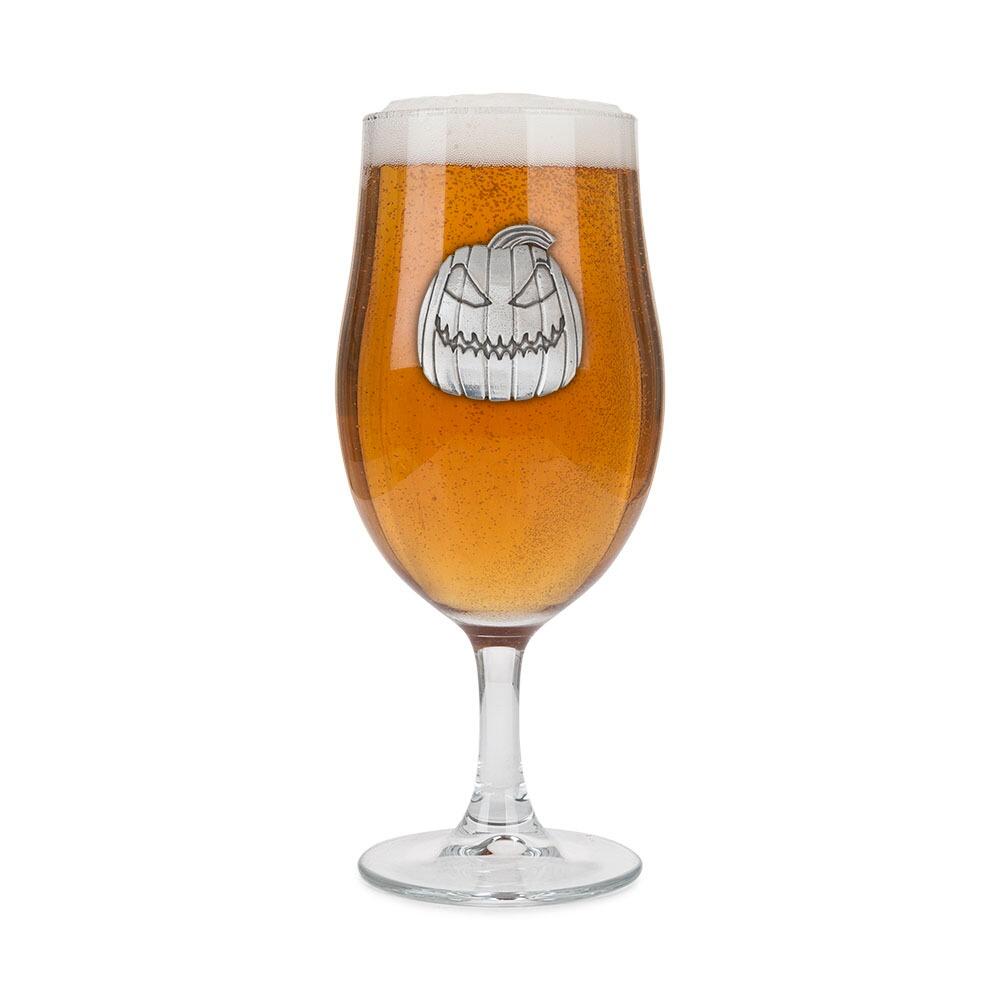 A Stemmed Pint Beer Glass with a Pewter Pumpkin badge on the front, filled with Beer