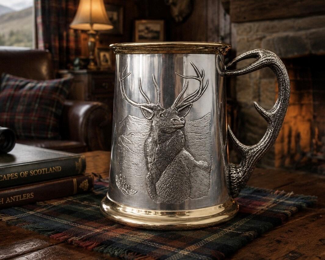 A traditional pewter hunting tankard featuring a detailed embossed relief of a majestic Highland stag with large antlers against a mountain backdrop. The tankard is accented with polished brass rims at the top and base, and features a unique handle sculpted in the shape of a textured deer antler
