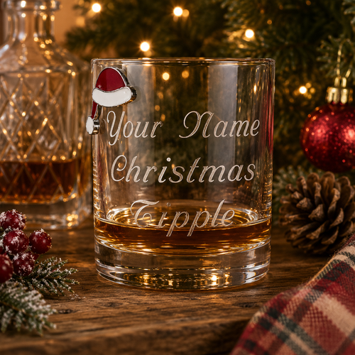 Personalised Santa Hat Whisky Tumbler with engraved name and Christmas tipple message, handcrafted festive whisky glass gift for Christmas.