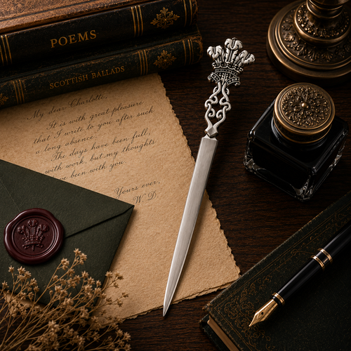 Handcrafted pewter Welsh letter opener featuring the Prince of Wales feathers emblem, displayed with antique writing accessories on a traditional desk.