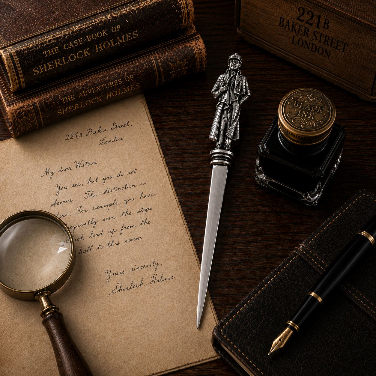 Handcrafted pewter Sherlock Holmes letter opener featuring the famous detective figure, displayed with vintage writing accessories on a classic study desk.