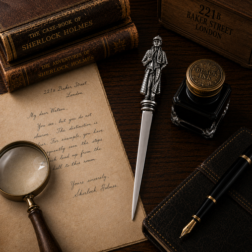 Handcrafted pewter Sherlock Holmes letter opener featuring the famous detective figure, displayed with vintage writing accessories on a classic study desk.
