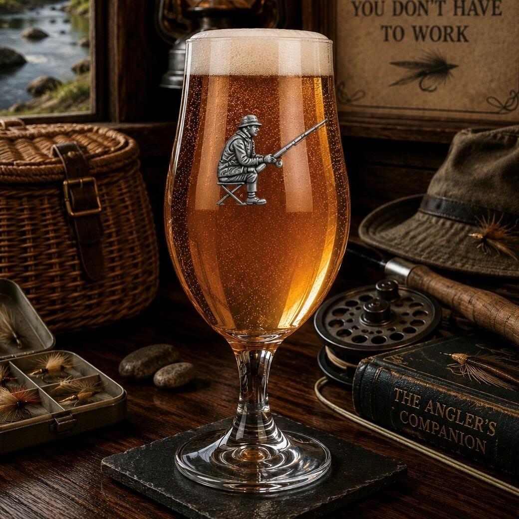 A stemmed beer chalice glass filled with golden ale and a frothy white head, featuring a raised pewter emblem of an angler seated on a stool holding a fishing rod