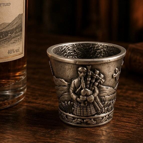 A small, flared pewter metal shot cup, or dram cup, referenced as wee2.jpg, sitting on a dark wooden table. The front of the cup features a relief-sculpted highland scene depicting a Scottish bagpiper in a traditional kilt playing the bagpipes, set against a background of rolling hills and wild grass. The bottom rim is decorated with a detailed thistle pattern, and the cup's interior shows a textured hammered finish