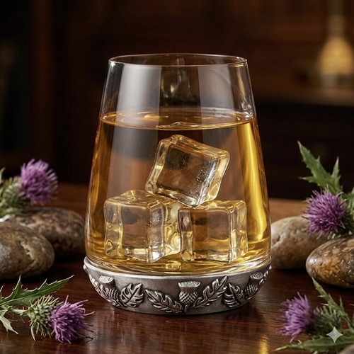 A curved glass whiskey tumbler filled with golden scotch and three clear ice cubes, featuring a heavy pewter base intricately detailed with an embossed Scottish thistle and leaf pattern