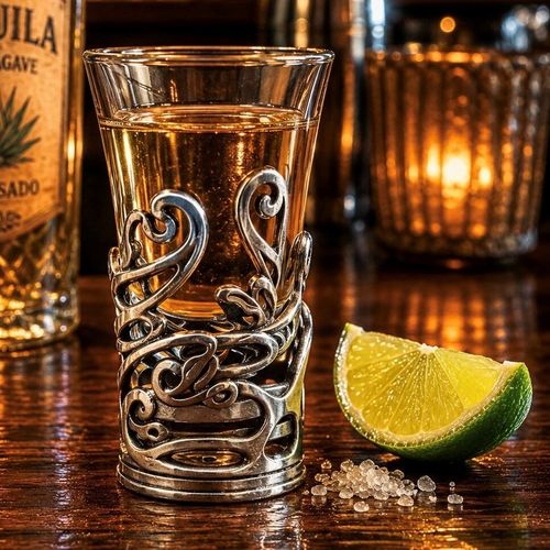 A tall glass shot glass filled with golden tequila or amber liquor, sitting on a dark wooden bar counter. The lower half of the glass is encased in an intricate pewter metal holder featuring an abstract, openwork design of elegant swirls, waves, and fluid loops