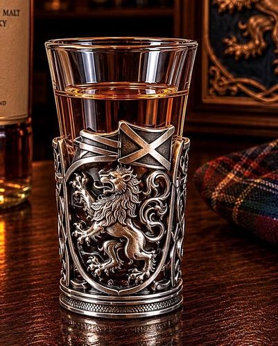 A tall glass shot glass filled with amber-colored liquor, sitting on a dark wooden bar counter. The lower half of the glass is encased in an intricate pewter metal holder featuring an ornate Scottish heraldic design. The design showcases a highly detailed, relief-sculpted Lion Rampant with a thick mane, raised paws, and a curled tail, positioned beneath a waving St. Andrew's Cross (Saltire) flag