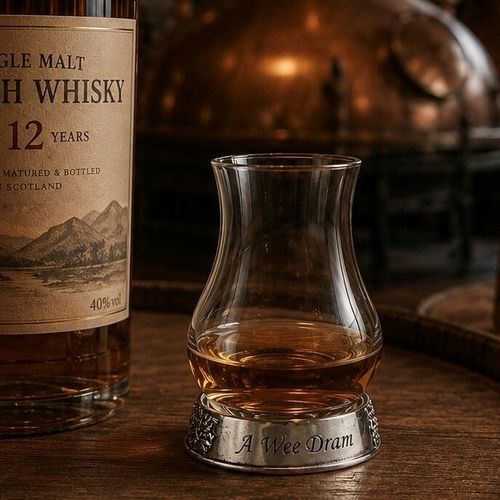 A tulip-shaped whiskey taster glass with an amber pour, resting in a detailed pewter base engraved with the text "A Wee Dram" and traditional Celtic knotwork, set against a distillery background