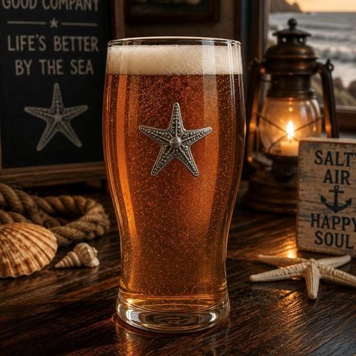 Pint glass with handmade pewter starfish badge, filled with golden beer