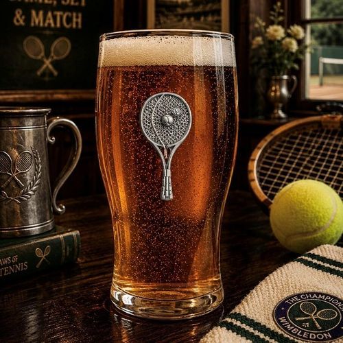 Pint glass with handmade pewter tennis badge, filled with golden beer