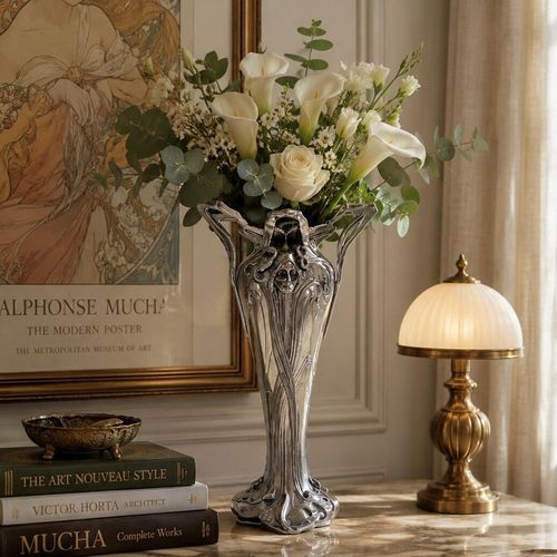 A slender, polished pewter Art Nouveau vase with a bright silver-coloured finish, holding a bouquet of green and yellow wildflowers. The vase features a sculpted relief of a woman's face framed by long, flowing hair and organic, whip-lash curves that extend upward to form elegant, structural handles at the rim