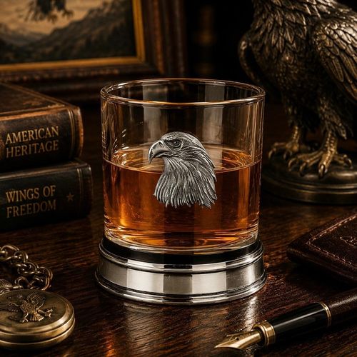 Whisky tumbler with pewter eagle emblem and polished base, partially filled with amber liquid