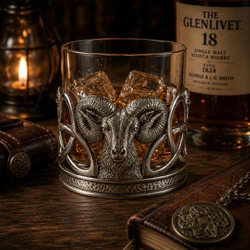 A lowball glass whisky tumbler filled with amber spirits and ice cubes, nestled in an ornate pewter holder. The front of the holder features a prominent, high-relief sculpted head of a ram with detailed fur and large, tightly spiraled horns. The sides of the holder are decorated with thick, openwork Celtic knotwork loops that curve gracefully from the ram's head down to a solid, textured circular base