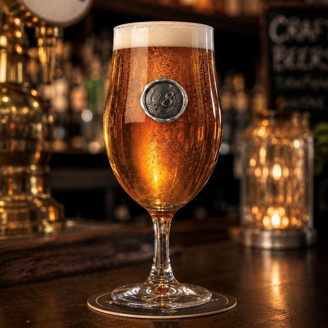 Stemmed beer goblet filled with amber ale, featuring a round pewter 18th birthday motif emblem