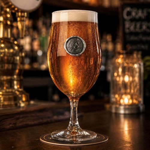 Stemmed beer goblet filled with amber ale, featuring a round pewter 18th birthday motif emblem