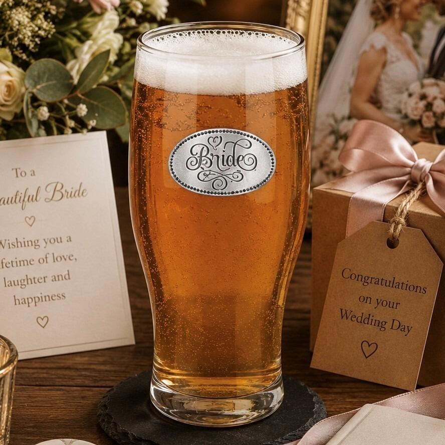 Pint glass with handmade pewter bride badge featuring elegant script lettering filled with golden beer