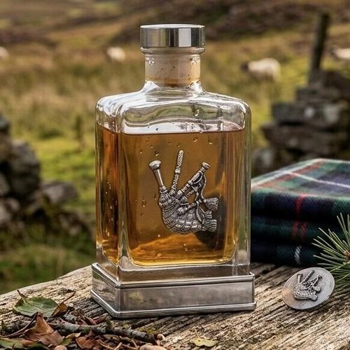 Handcrafted glass hip flask with pewter base featuring detailed bagpipes emblem on front