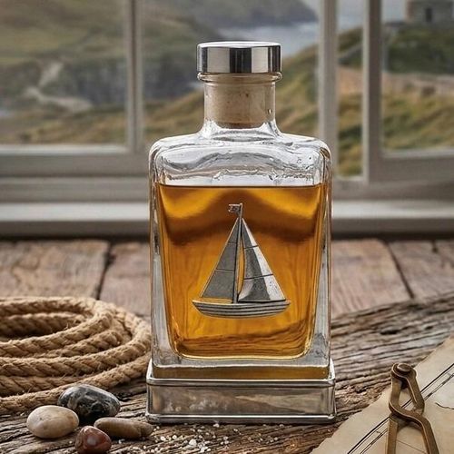 A glass flask with a pewter base and a handcrafted pewter sailing emblem on the front