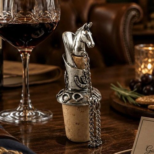 Pewter wine pourer and cork stopper featuring a sculpted horse head top and engraved horseshoe motifs, displayed on a wooden table beside a glass of red wine