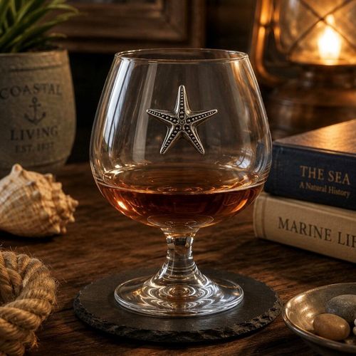 Crystal brandy glass with pewter starfish badge, partially filled with amber liquid