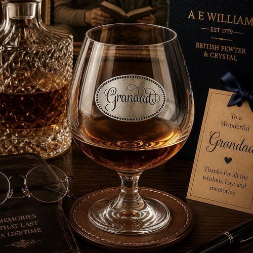 Crystal brandy glass with A E Williams pewter "Grandad" emblem, partially filled with amber liquid