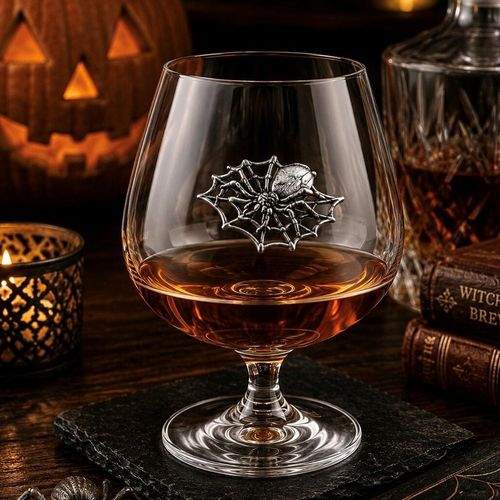 Crystal brandy glass with pewter spider emblem, partially filled with amber liquid