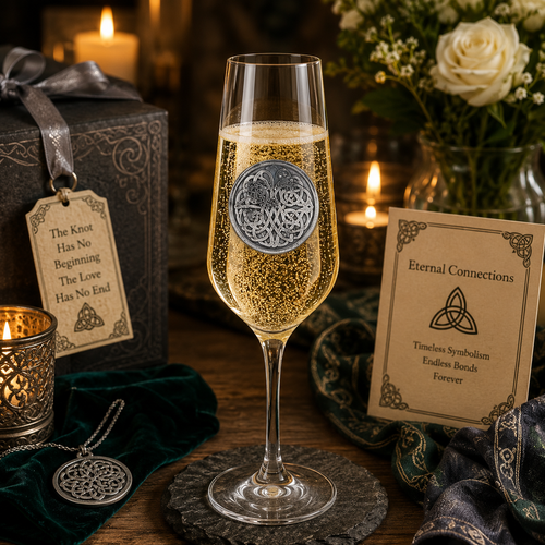 A Champagne Flute with a Pewter Never Ending Knot badge on the front, filled with Champagne