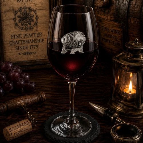 Wine glass with handmade pewter wine barrel badge filled with red wine