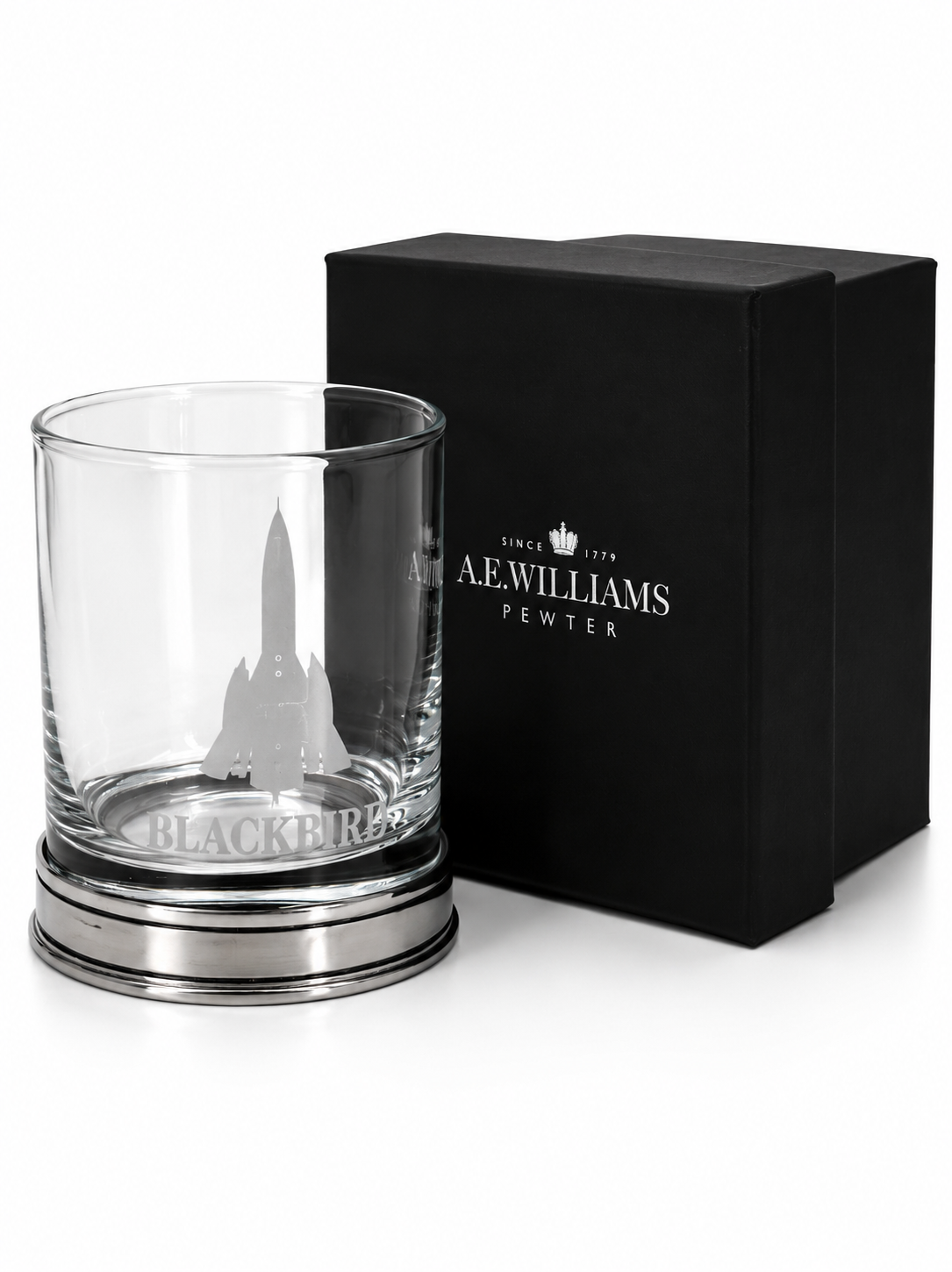 Lockheed SR-71 Blackbird Pewter Whisky Tumbler next to an A E Williams Gift Box