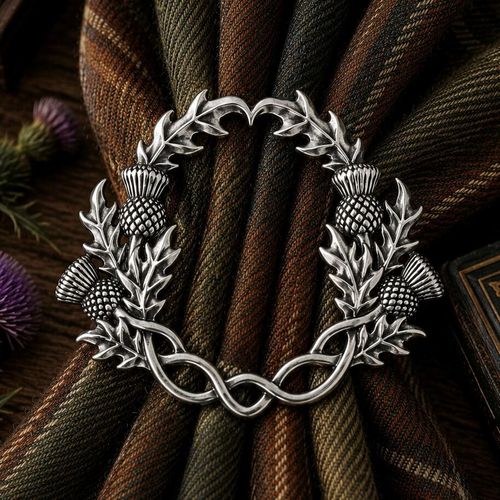 Circular pewter scarf ring featuring an intricate Scottish thistle wreath with spiky leaves and Celtic knotwork at the base, cinching a brown and green tartan scarf