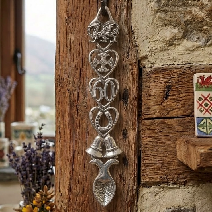 Handcrafted pewter 60th anniversary Welsh lovespoon hanging on a rustic wooden beam, featuring detailed symbols including a Welsh dragon, Celtic cross, the number 60, a horseshoe, wedding bells, and a heart-shaped spoon bowl.