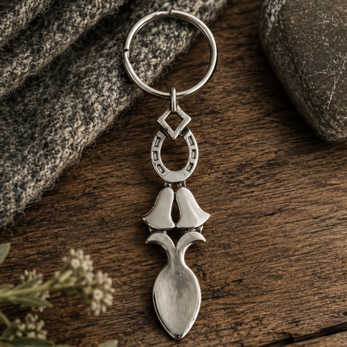 Handcrafted pewter Welsh lovespoon keyring featuring a lucky horseshoe, wedding bells, and a spoon bowl, set on a rustic wooden background next to grey knit fabric and a smooth stone