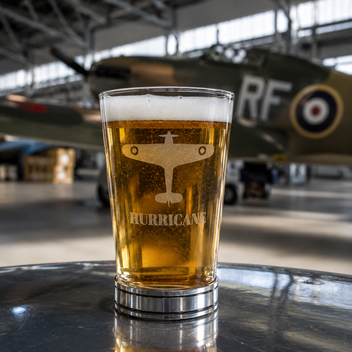Hurricane Fighter engraved pint beer glass with polished pewter base at an aviation museum