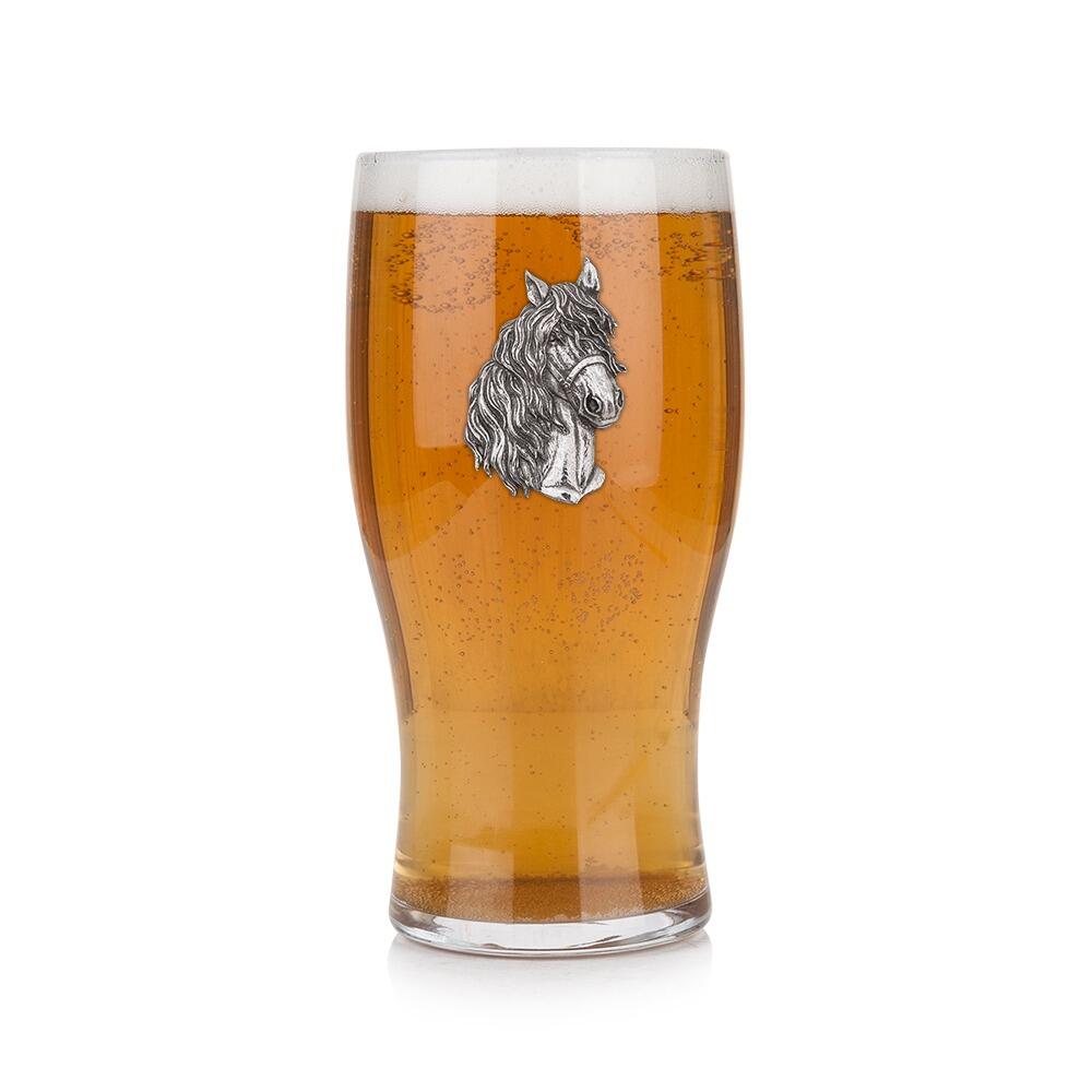 Pint glass with handmade pewter horse badge featuring flowing mane and noble stance filled with golden beerRetryClaude can make mistakes. Please double-check responses.