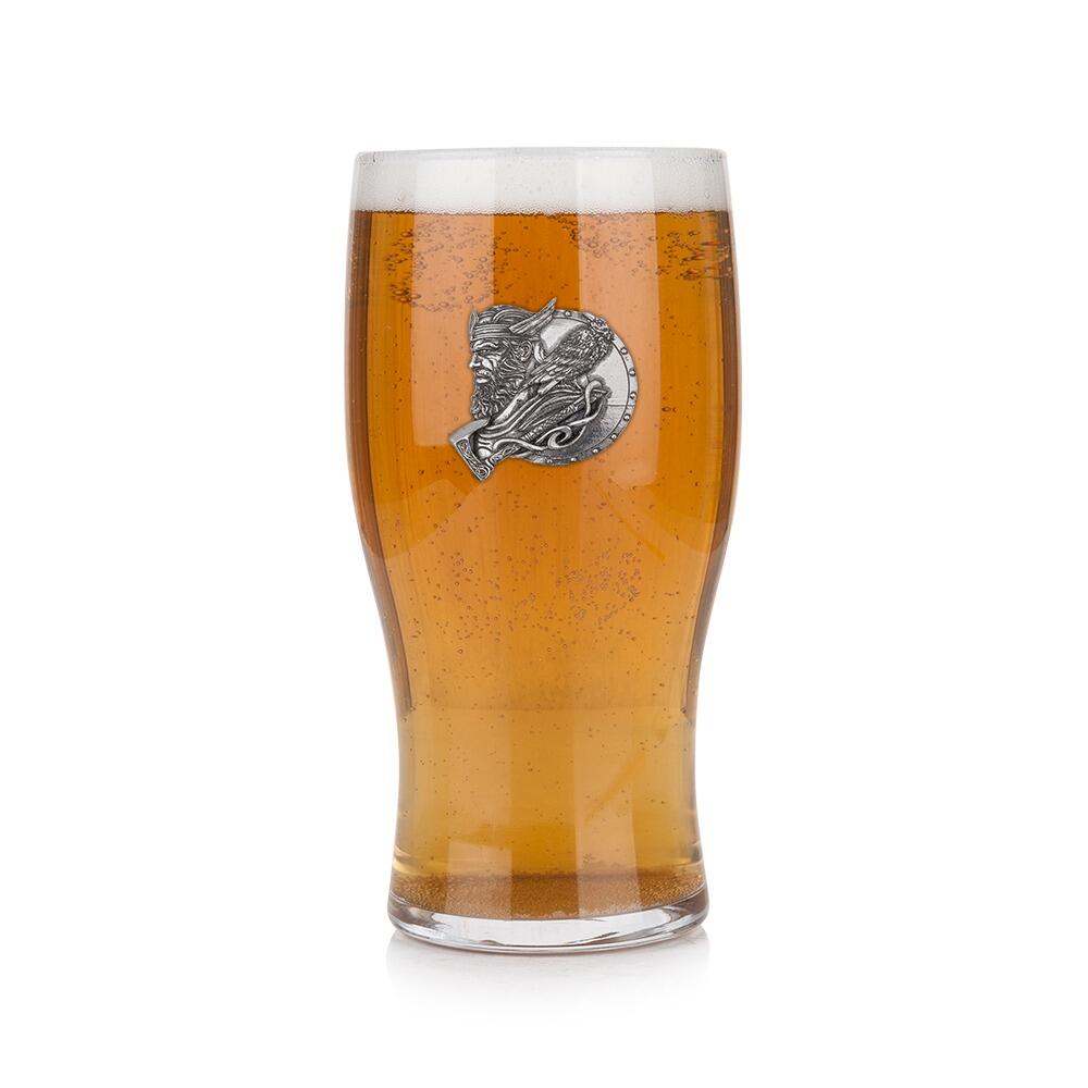 Pint glass with handmade pewter Viking warrior with horned helmet and chainmail badge filled with golden beerRetryClaude can make mistakes. Please double-check responses.