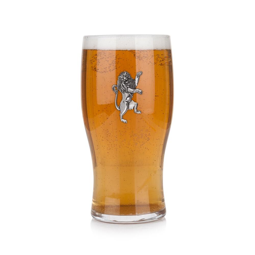 Pint glass with handmade pewter rampant lion with detailed mane in powerful heraldic stance badge filled with golden beerRetryClaude can make mistakes. Please double-check responses.