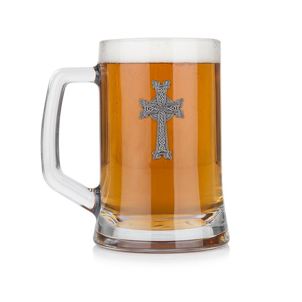 A Beer Tankard with a Pewter Cross badge on the front, filled with Amber BeerRetryClaude can make mistakes. Please double-check responses.