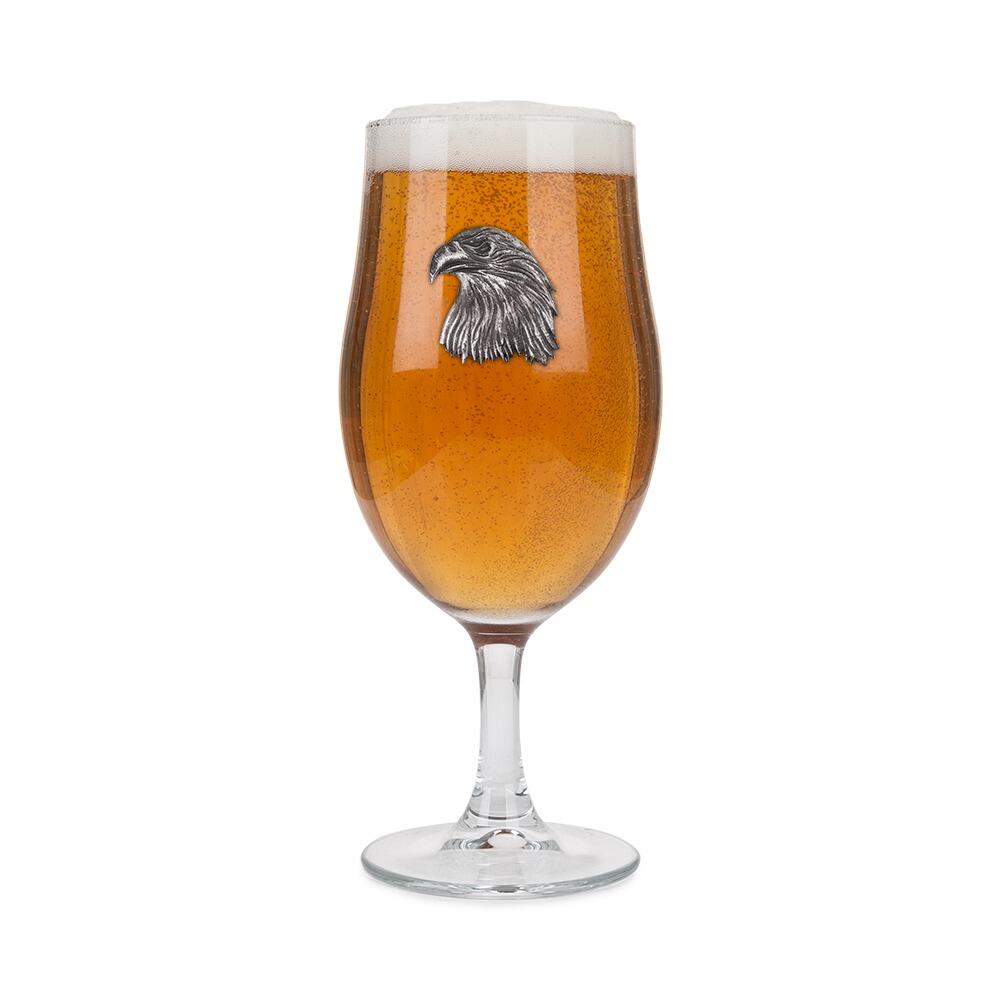 A Stemmed Pint Beer Glass with a Pewter Eagle badge on the front, filled with Beer