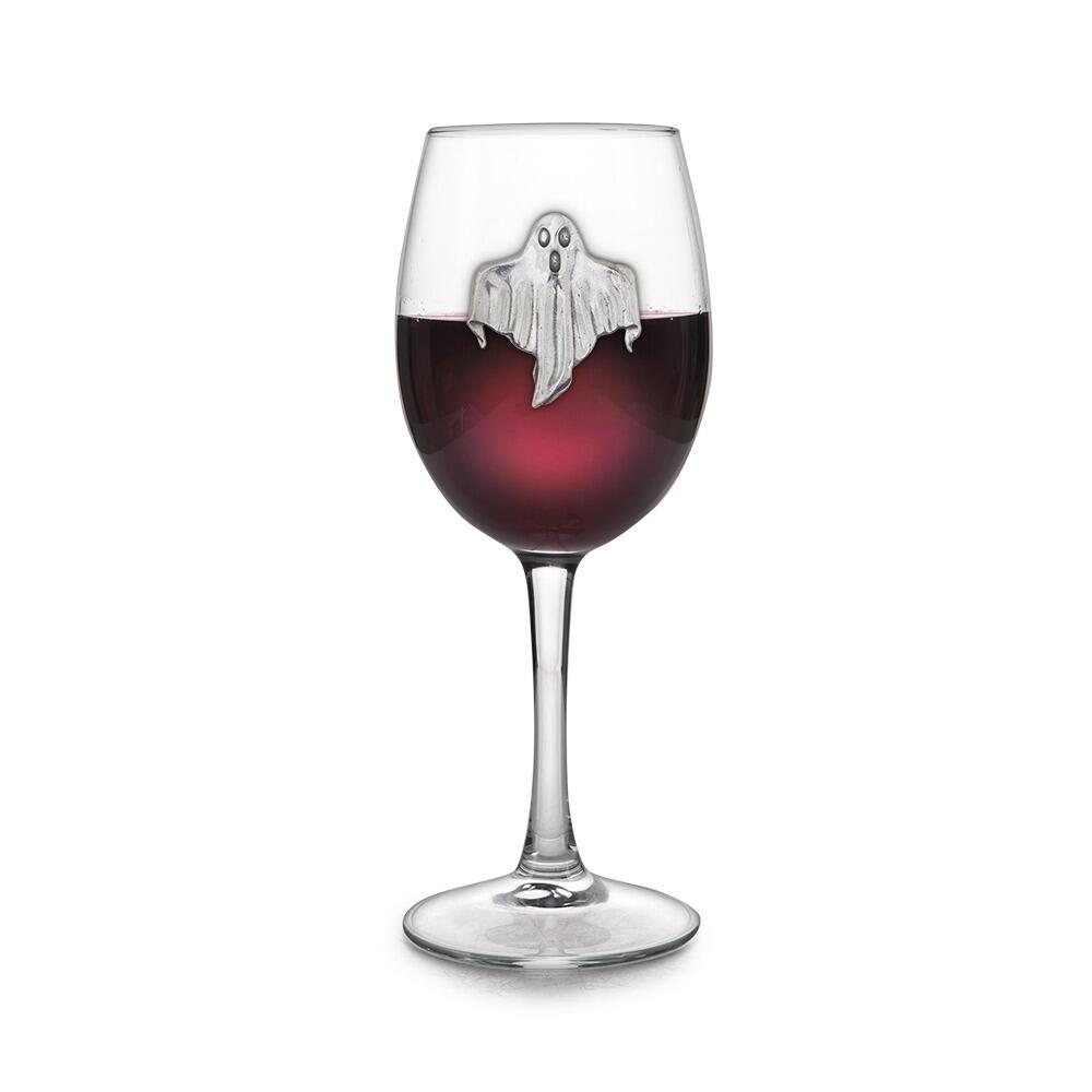 Wine glass with handmade pewter ghost badge filled with red wine