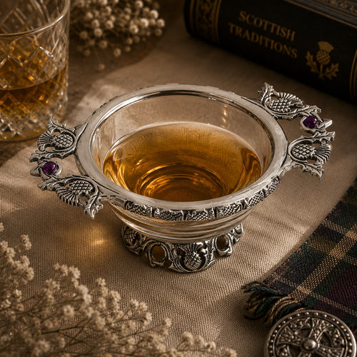 A Pewter and Glass Quaich Bowl with a Thistle Pattern