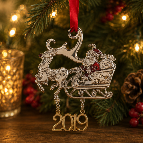 Handcrafted pewter 2019 Christmas ornament featuring Santa Claus in a sleigh pulled by a reindeer, hanging from a festive Christmas tree with warm holiday lights and seasonal decorations.