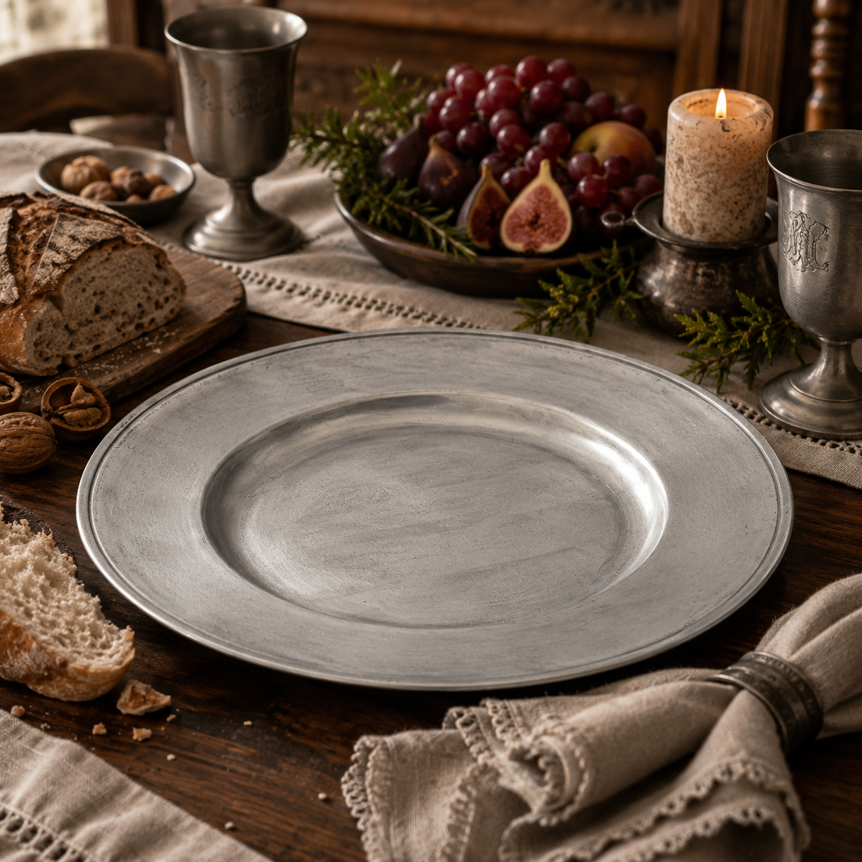 Handcrafted pewter Bavarian charger in antique satin finish displayed on a rustic dining table with artisan bread, figs, grapes, pewter goblets and candlelight in a traditional farmhouse setting