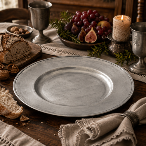 Handcrafted pewter Bavarian charger in antique satin finish displayed on a rustic dining table with artisan bread, figs, grapes, pewter goblets and candlelight in a traditional farmhouse setting