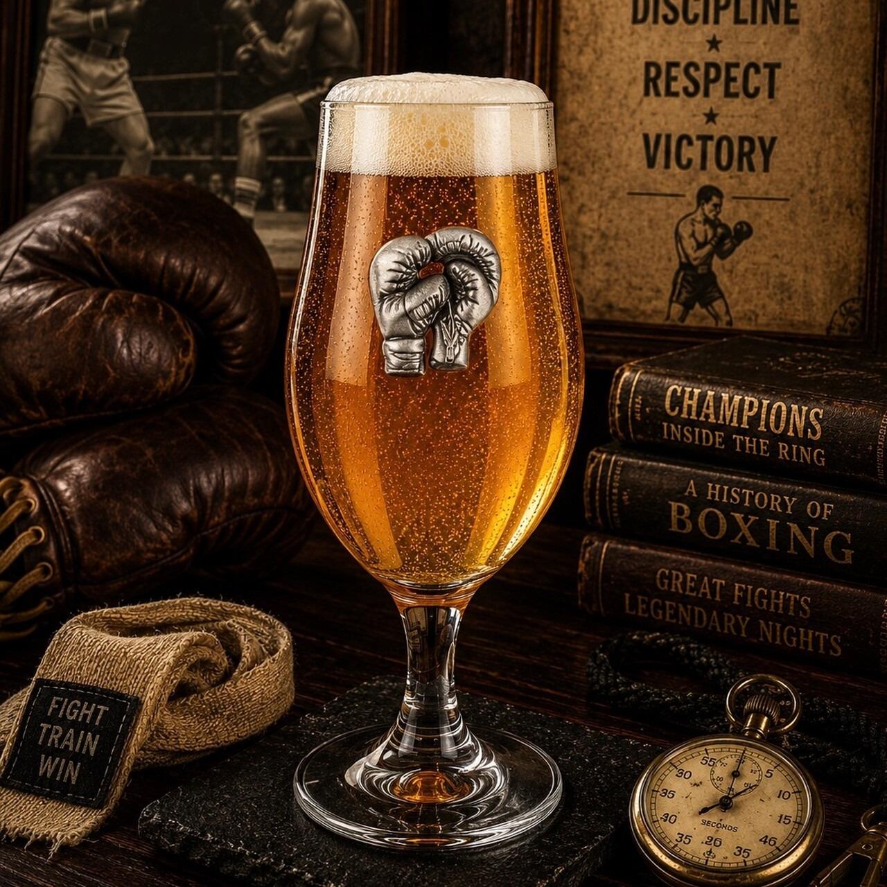 A stemmed beer chalice glass filled with golden ale and a frothy white head, featuring a raised pewter emblem of a pair of vintage boxing gloves