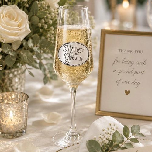 A clear champagne flute glass filled with bubbling champagne, featuring an oval pewter emblem engraved with 'Mother of the Groom' in elegant script lettering