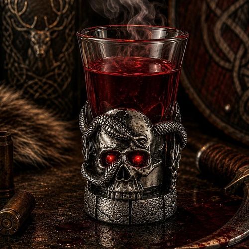 A tall glass shot glass filled with amber-coloured liquor, sitting on a dark, rustic counter. The lower half of the glass is encased in a detailed pewter metal holder featuring a sculpted, dark gothic design. A prominent human skull is centred on the front, resting on a stone-textured base, with a detailed, scaled snake winding through its right eye socket and wrapping around the brow