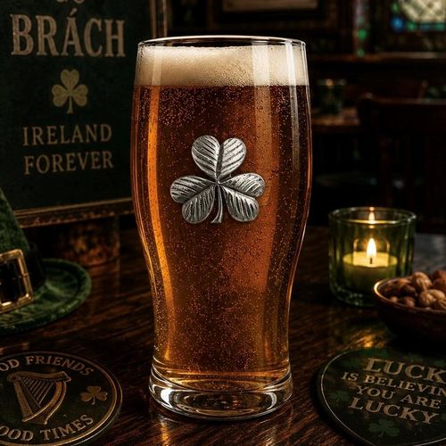 Pint glass with handmade pewter shamrock three-leaf clover with Celtic styling badge filled with golden beer