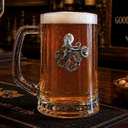 A Beer Tankard with a Pewter Octopus badge on the front, filled with Amber Beer