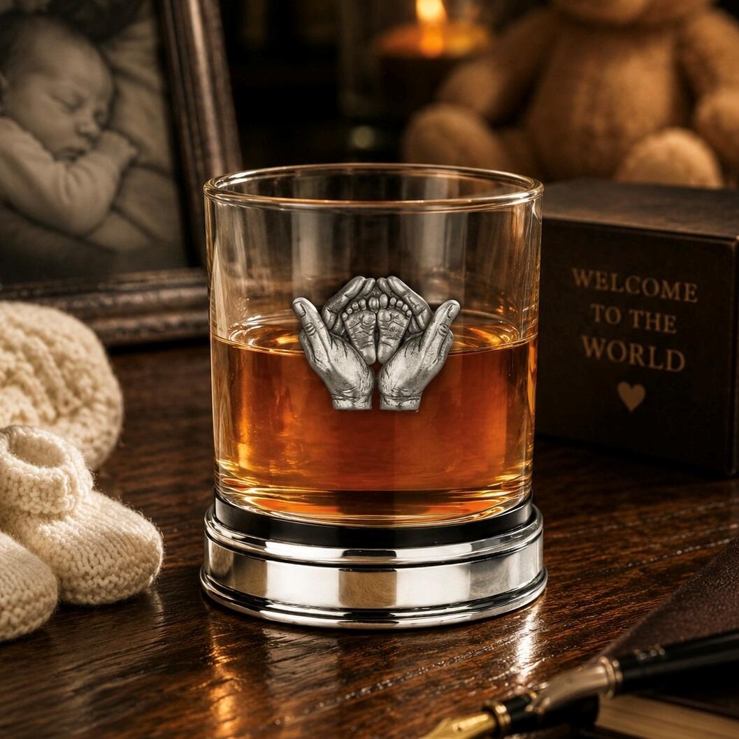 Whisky tumbler with pewter hands holding baby feet emblem and polished base, partially filled with amber liquid